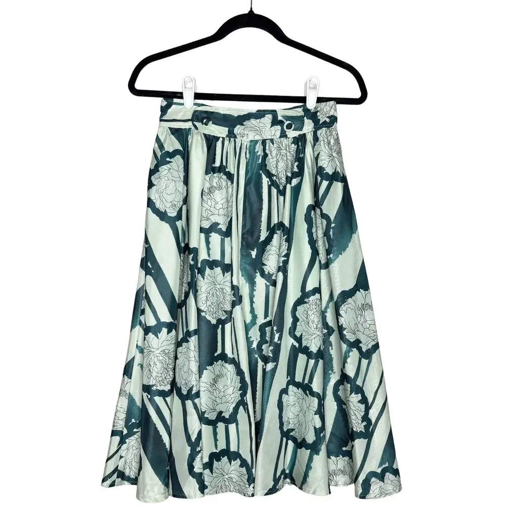 Anthropologie Troubadour Waterlily Floral Striped Circle Skirt 4P Green Workwear